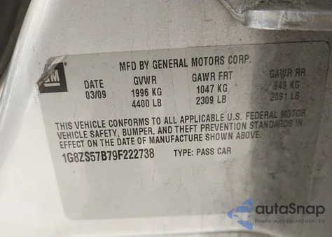 2009 Saturn Aura Xe z USA, uszkodzony, nr VIN 1G8ZS57B79F222738